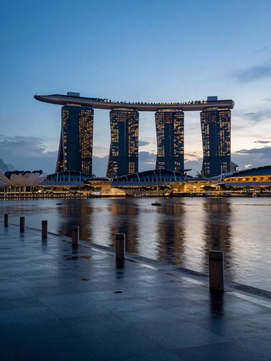 Bay Waterfront in Singapore at Blue Hour in in Singapore, Singapore