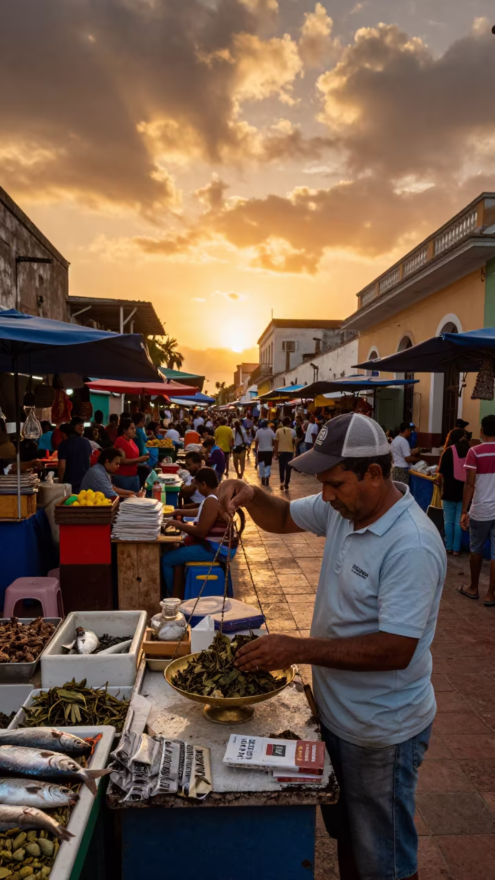 Bazaar Tea Merchant Weighing Leaves on Brass Scales in beside a fish counter in Calle Loiza, San Juan