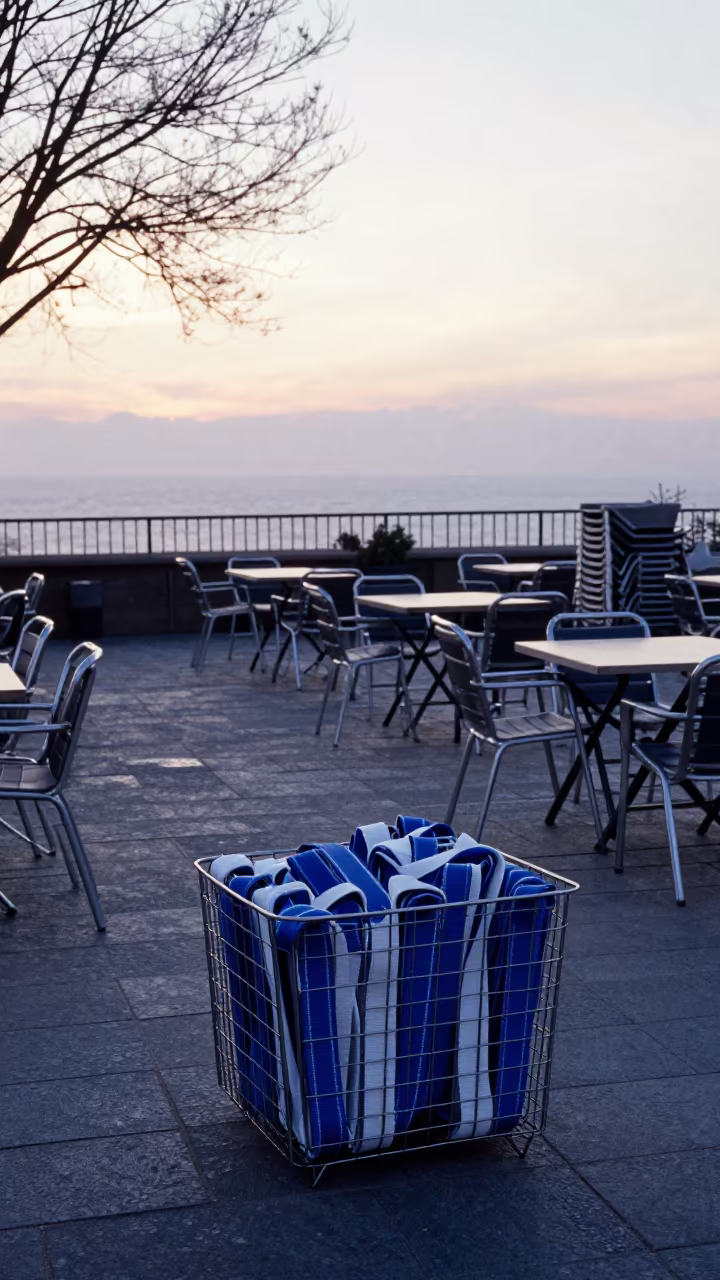 Beach Chair Bin in Winter Sunset Courtyard in in a hotel courtyard prepared for dinner in Fukuoka