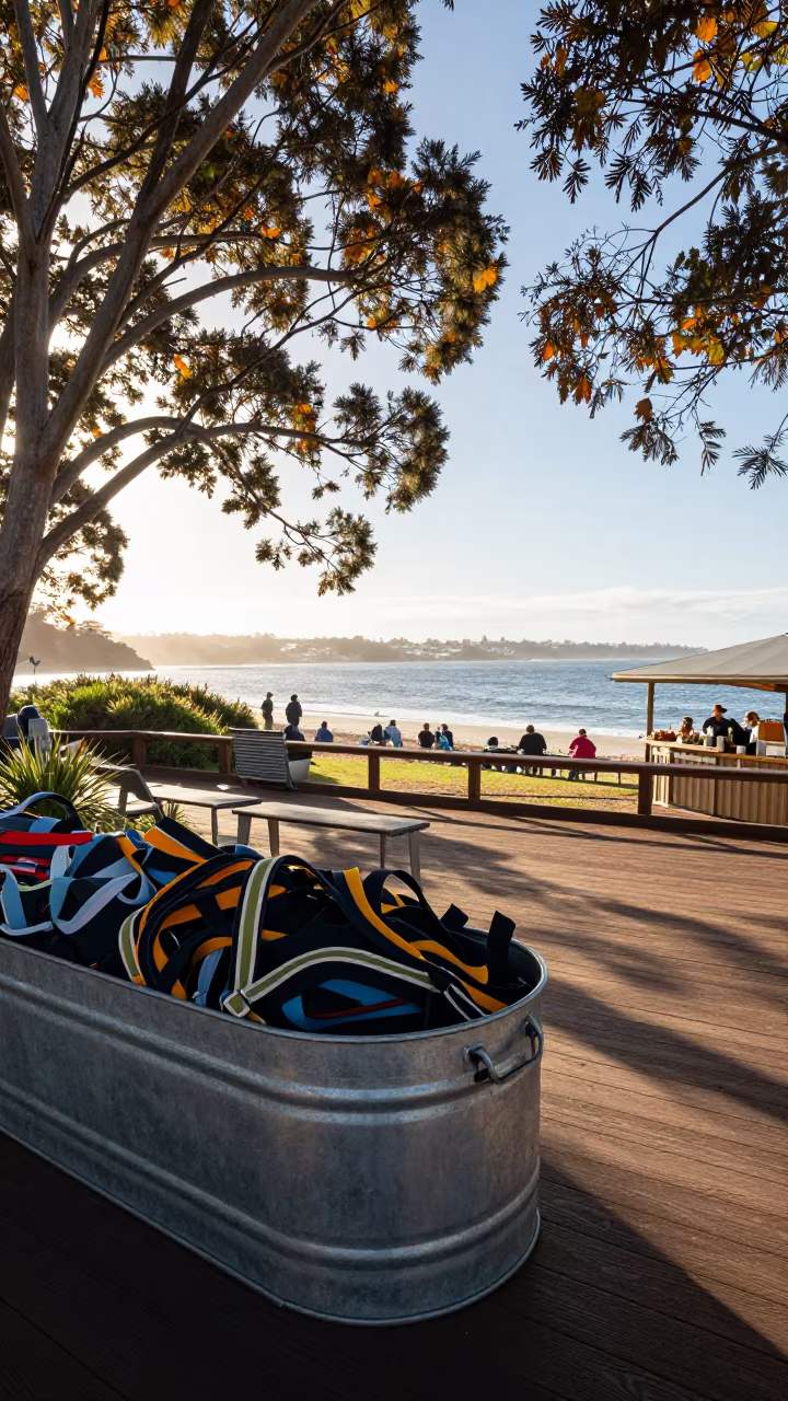 Beach Chair Straps Bin on Autumn Terrace in on a lodge terrace above the valley in Sydney