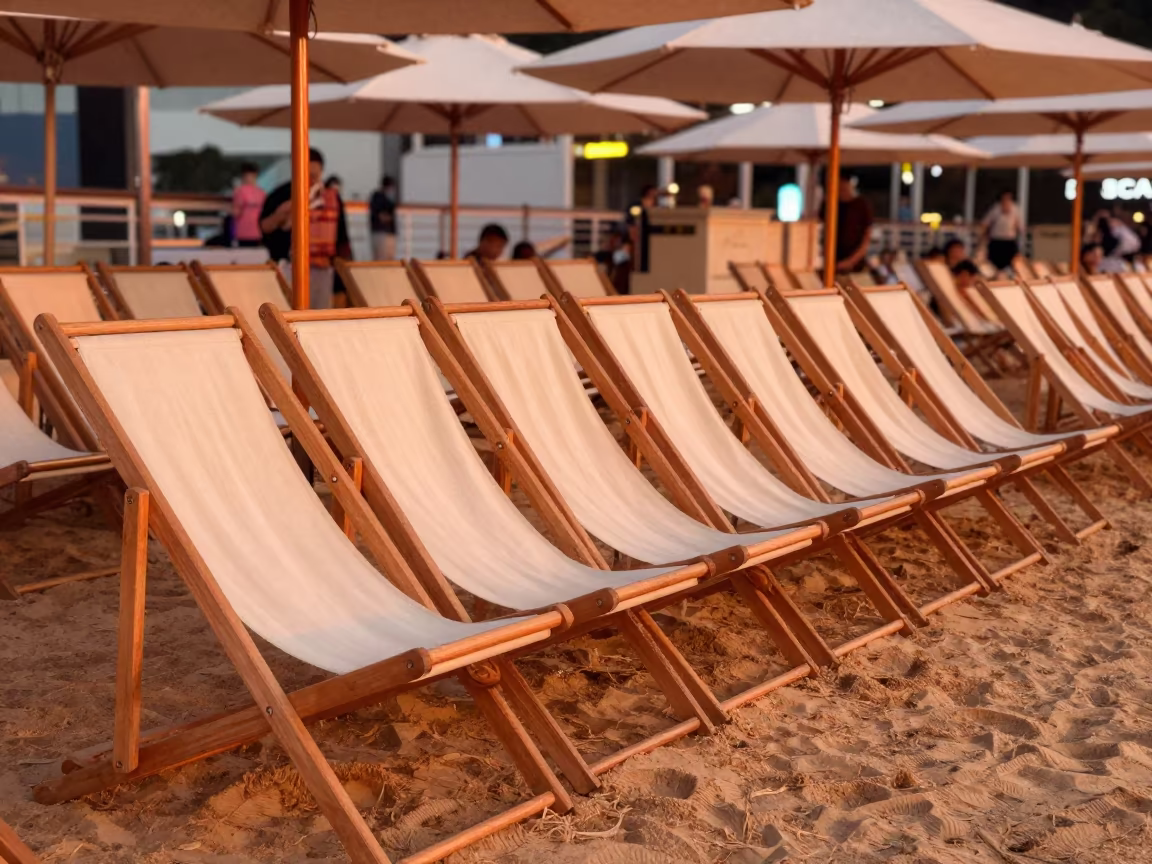 Beach Chair Straps Bin Before Sunset in Busan in along a beachfront cabana row in Busan