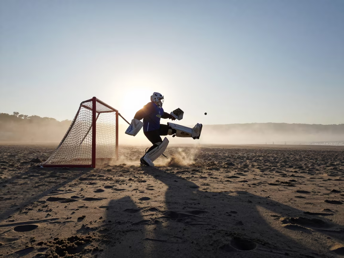 Beach Hockey Goalkeeper Drag Flick at Dawn in along a beach near Mexico City