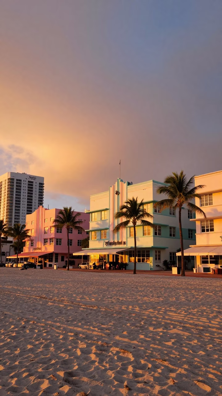 Beach Oceanfront in Miami at Sunset Light in in Miami, Florida, United States