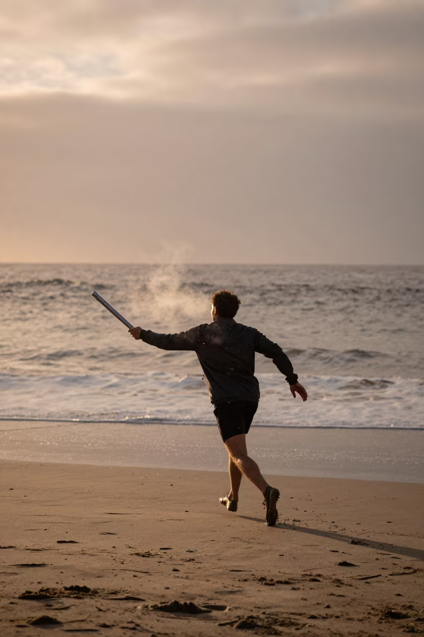 Beach Relay Runner in Winter Snow in along a beach near Tijuana