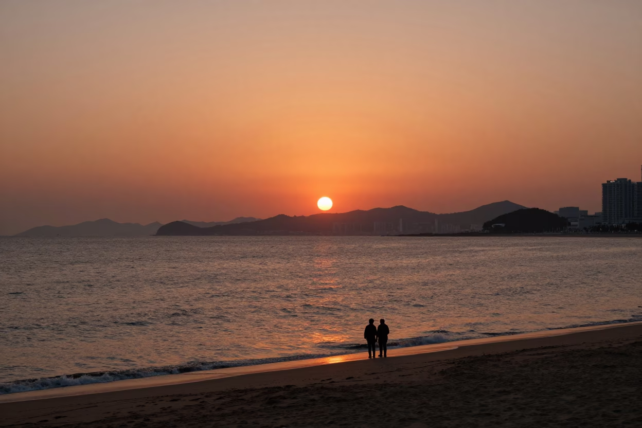 Beach Sunset in Busan at Sunset Light in in Busan, South Korea