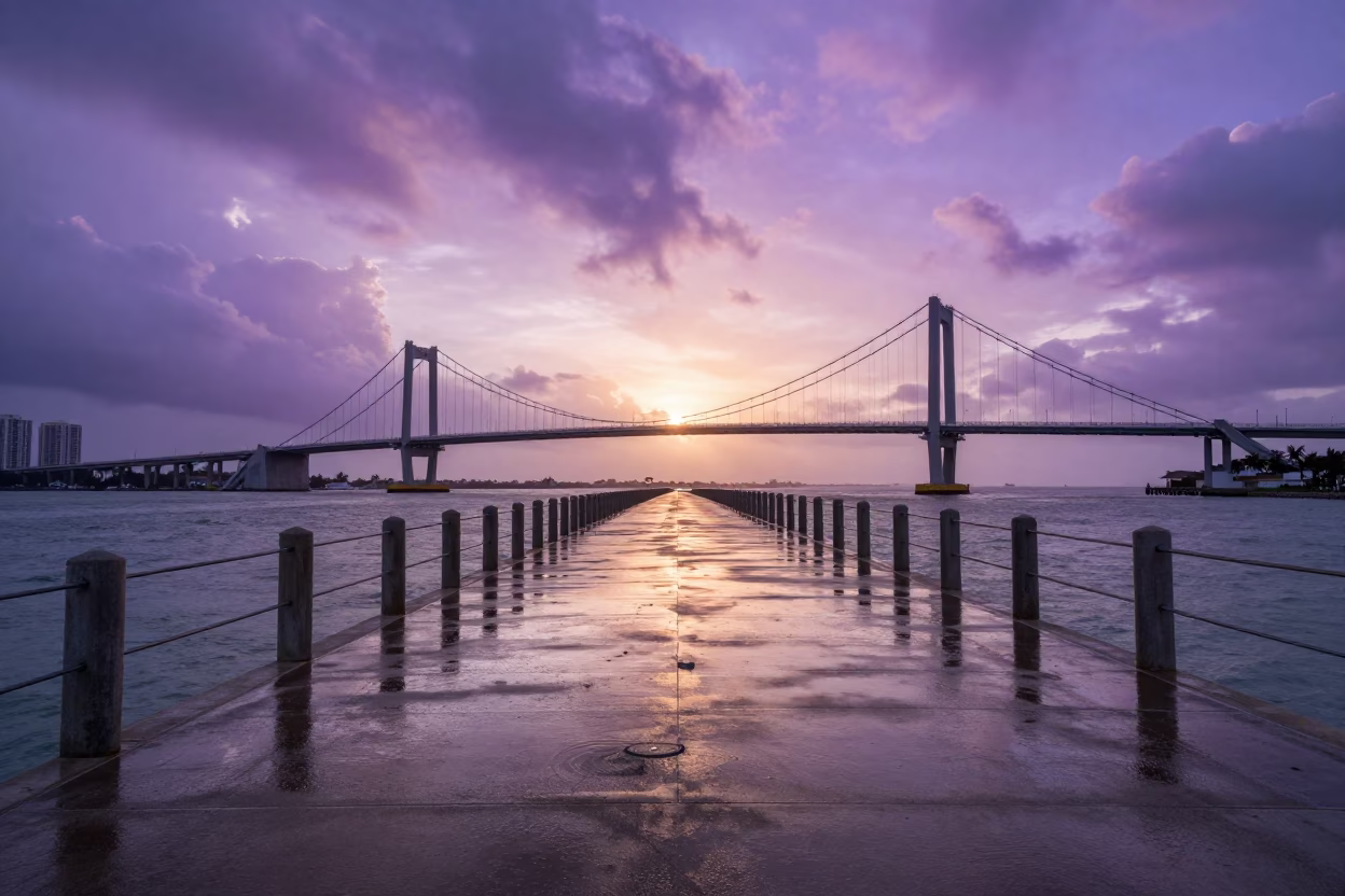 Beach Suspension Bridge Deck Shining After Storm in Miami in in Miami, Florida, United States