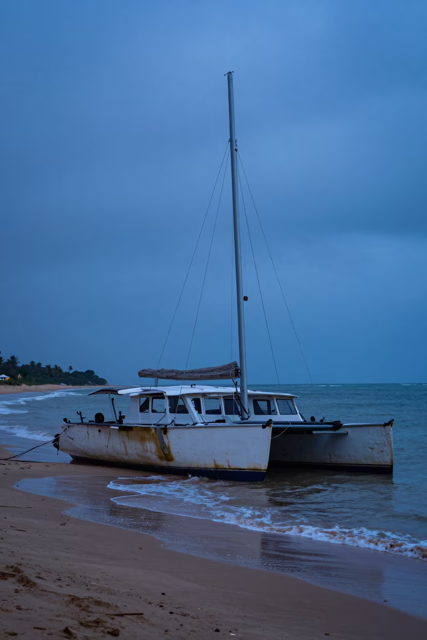 Beached Catamaran in Indigo Twilight Mombasa in near Mombasa