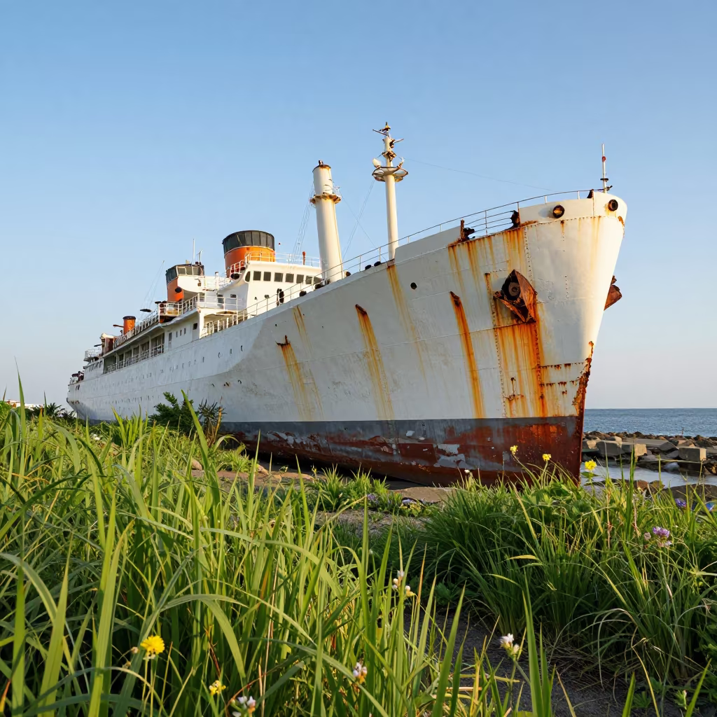 Beached Ocean Liner Ruin in Osaka Courtyard in through a courtyard reclaimed by grasses near Osaka