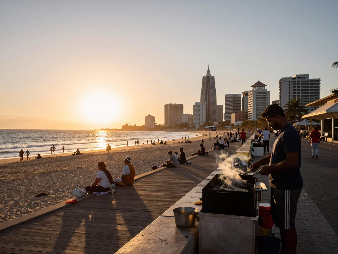 Beachfront Boardwalk in Durban at Sunset Light in in Durban, South Africa