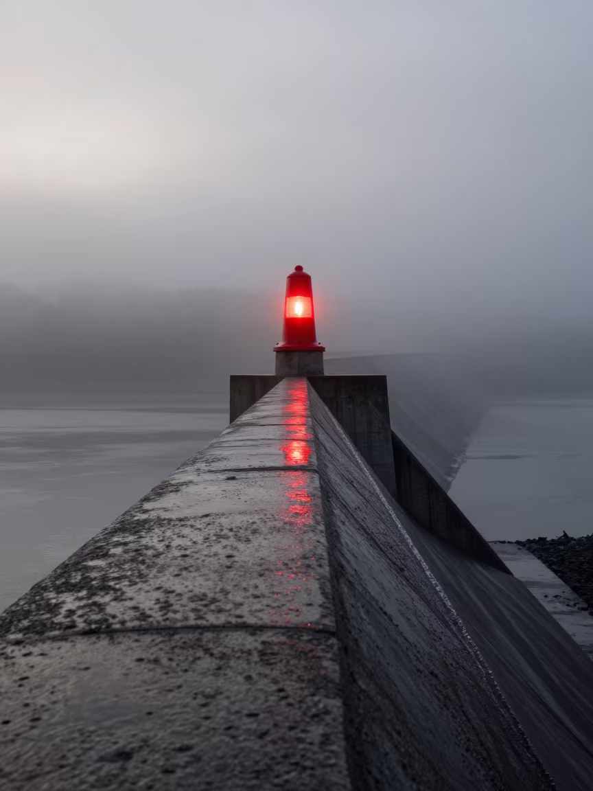Beacon Blinking Through Mist at Dawn in along a dam spillway in Oregon