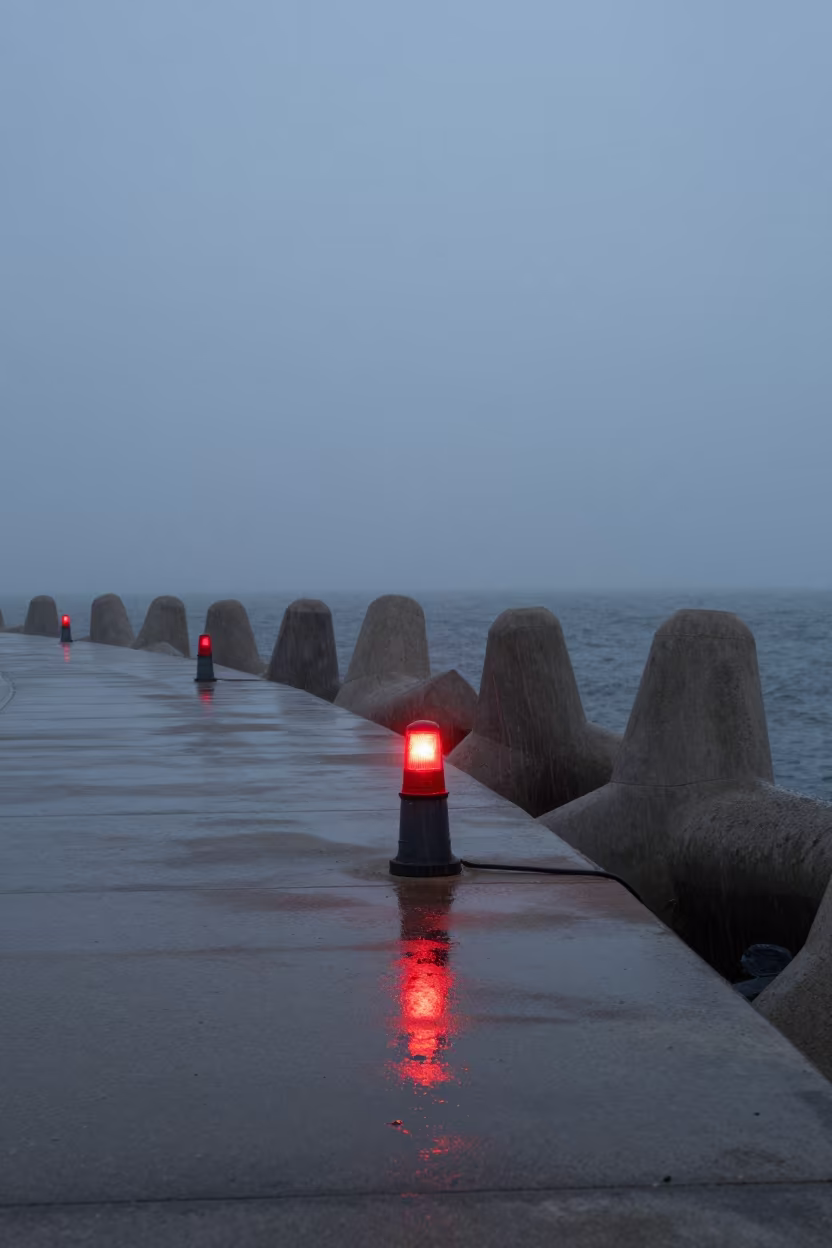 Beacon Blinking Through Sea Mist at Dawn in across a windy overpass interchange in Sardinia