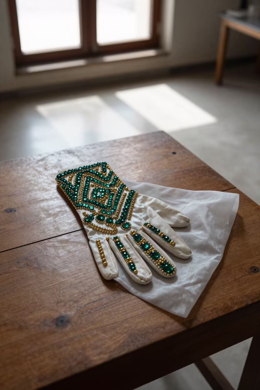Beaded Couture Glove on Silk Atelier Table Baghdad in inside a couture atelier in Baghdad