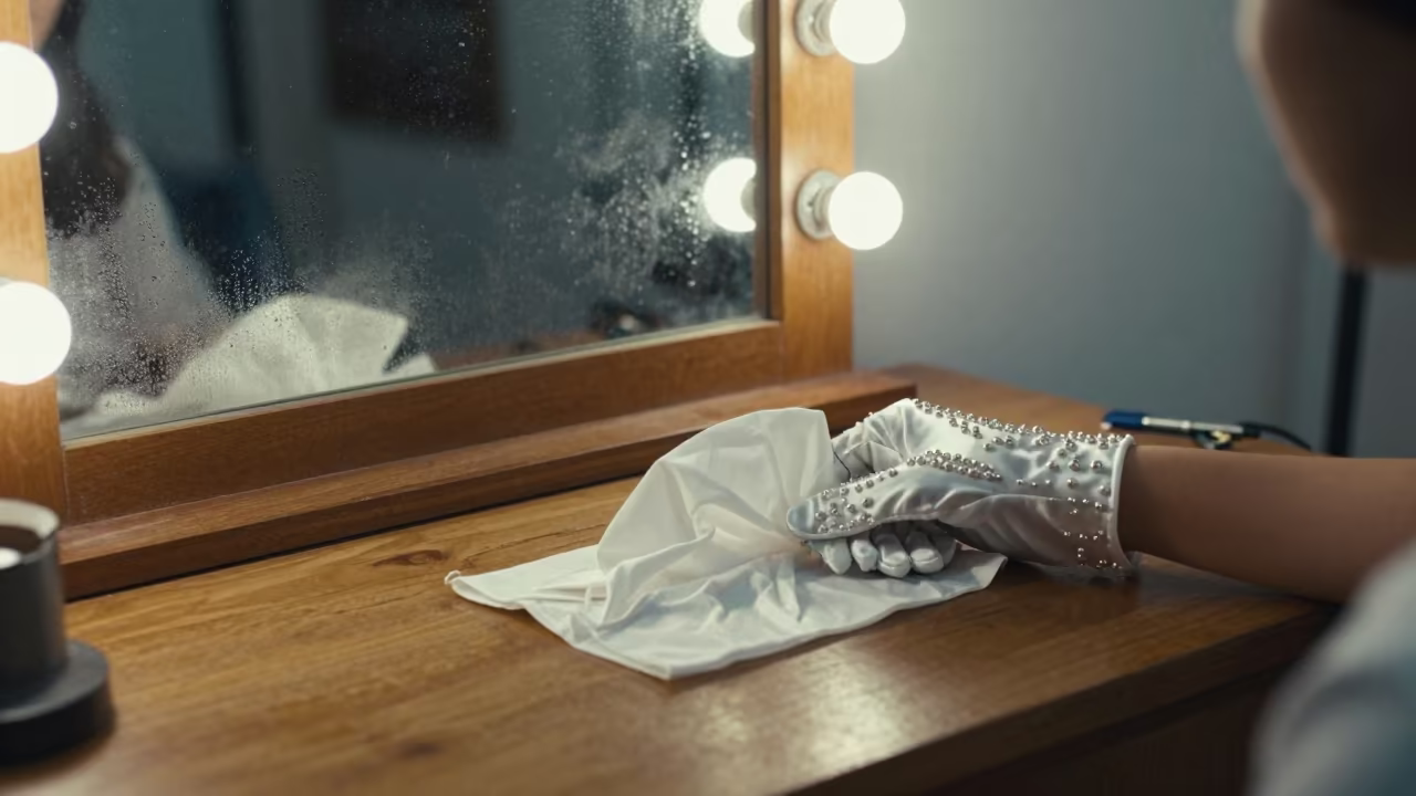Beaded Couture Glove on Silk Atelier Table in beside a mirror lined with makeup bulbs near Yogyakarta