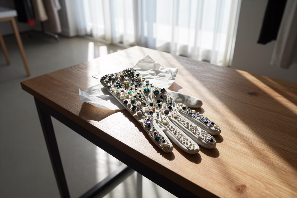 Beaded Couture Glove on Silk Tissue Table in under runway rehearsal lights in Venice Beach, Los Angeles
