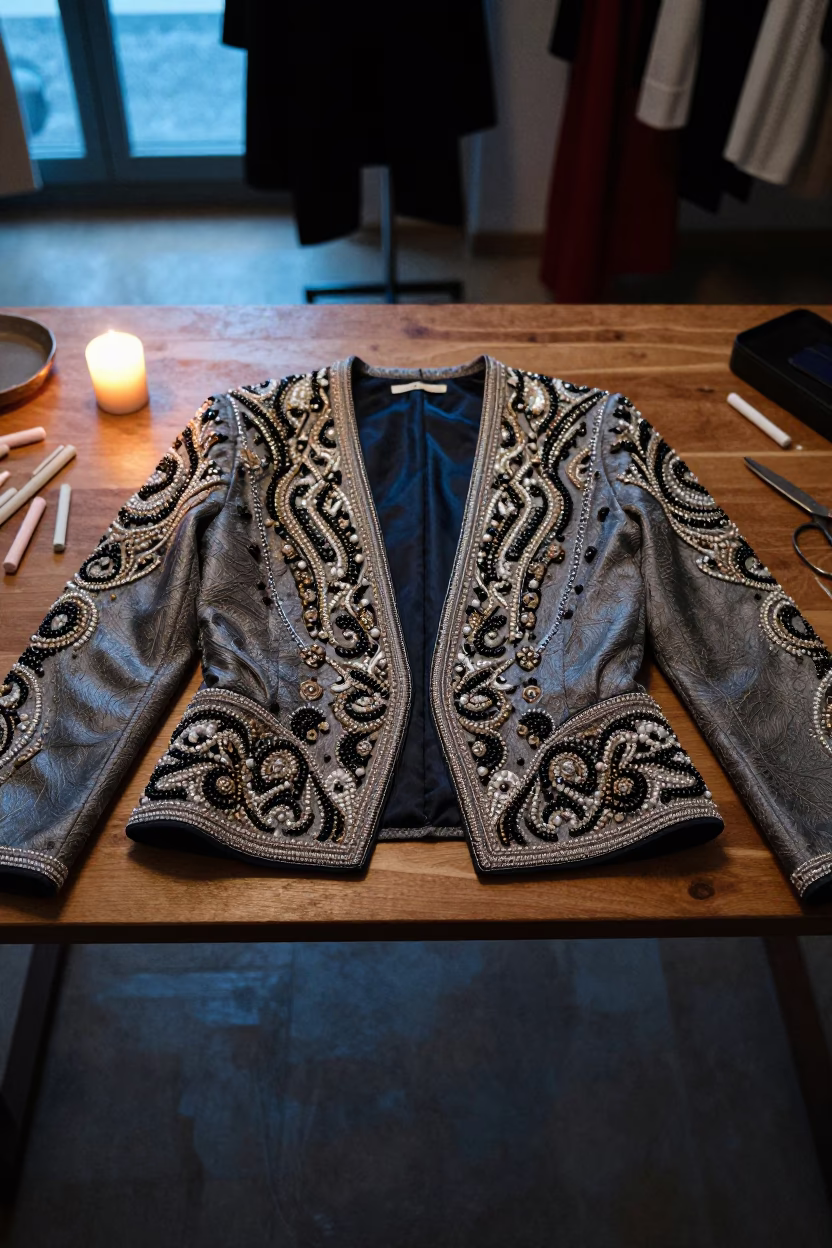 Beaded Couture Jacket Under Candlelight in Cluj in at a tailoring table strewn with chalk and shears in Cluj-Napoca