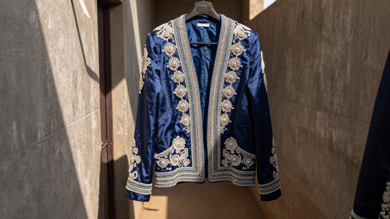 Beaded Couture Jacket in Garoua Backlight in in a backstage changing corridor in Garoua