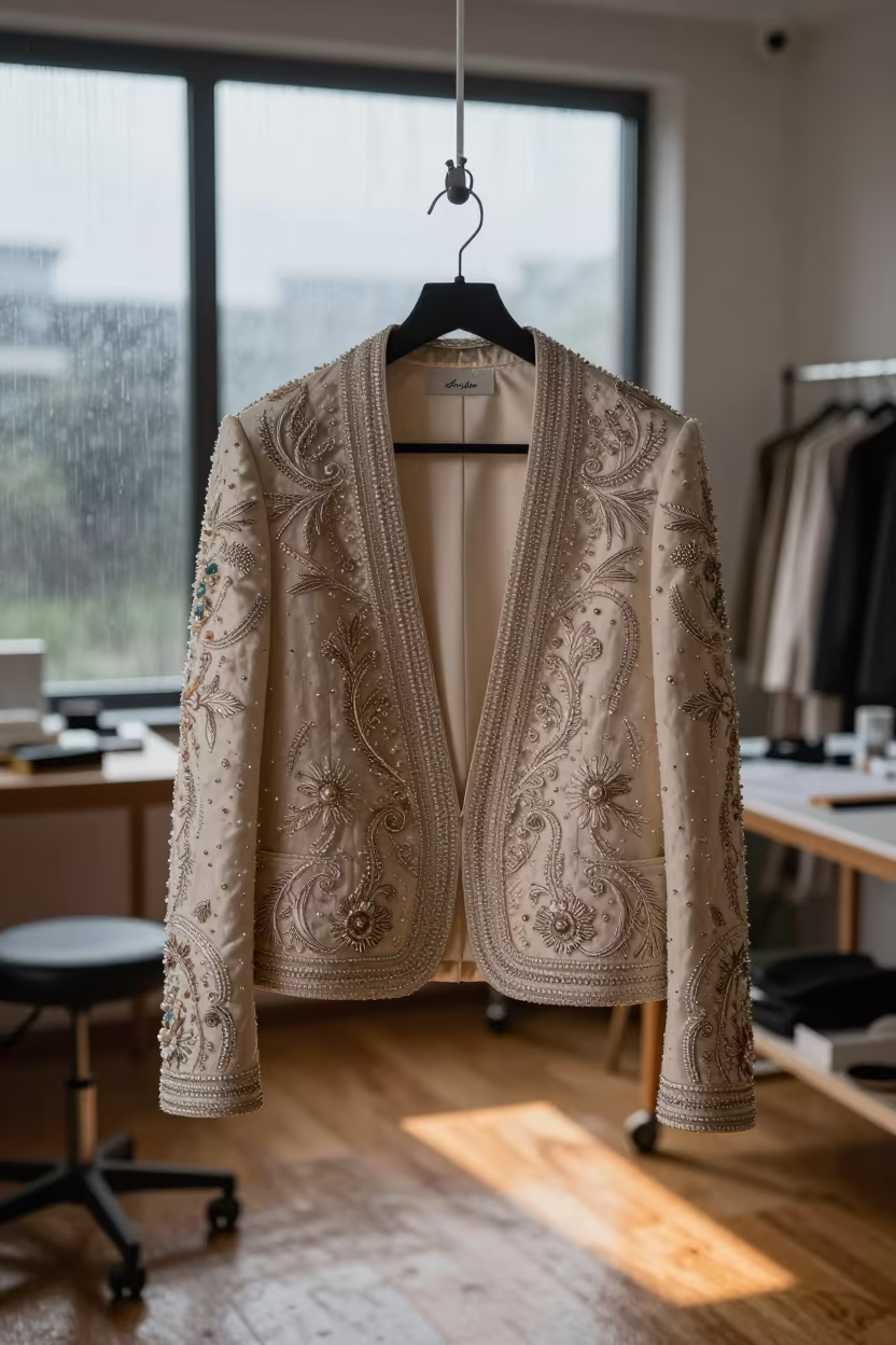 Beaded Couture Jacket in Jos Atelier Dawn in inside a couture atelier near Jos