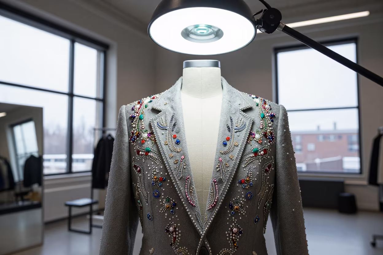 Beaded Couture Jacket Under Magnifying Light in under runway rehearsal lights in Toronto