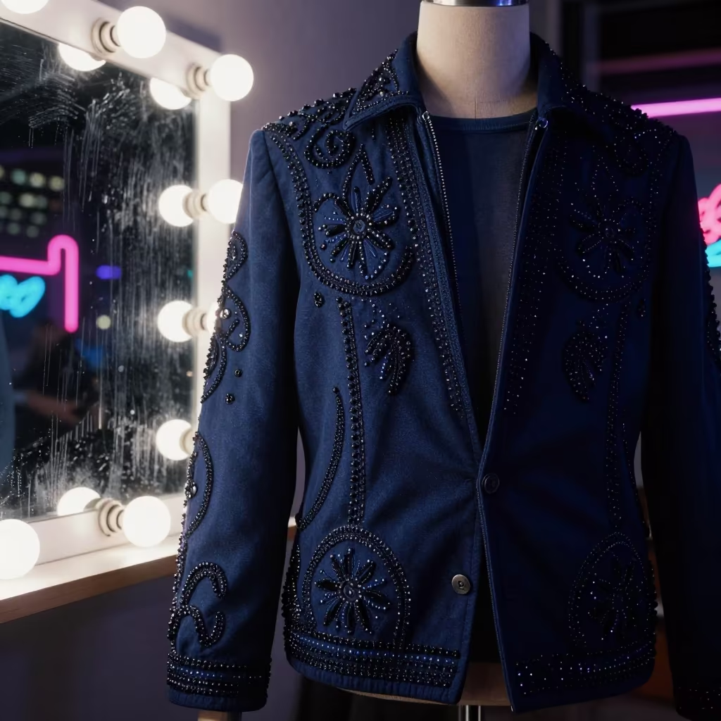 Beaded Couture Jacket Beside Mirror in beside a mirror lined with makeup bulbs near Los Guayos