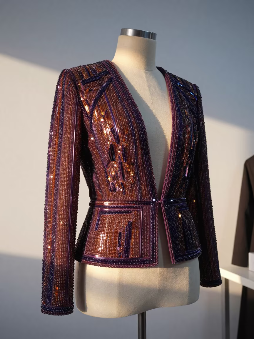 Beaded Couture Jacket Under Sunset Light in Zarqa Atelier in inside a couture atelier in Zarqa