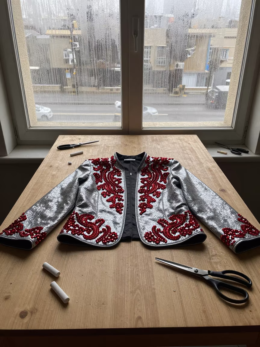 Beaded Couture Jacket on Tailoring Table in Baghdad in at a tailoring table strewn with chalk and shears in Baghdad