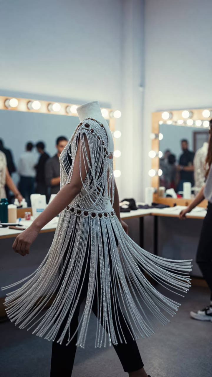 Beaded Fringe Motion in Jamnagar Showroom in beside a mirror lined with makeup bulbs near Jamnagar