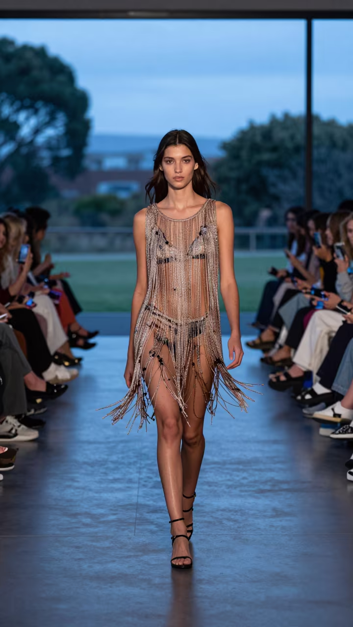 Beaded Fringe Motion in Lower Hutt Runway Rehearsal in under runway rehearsal lights in Lower Hutt