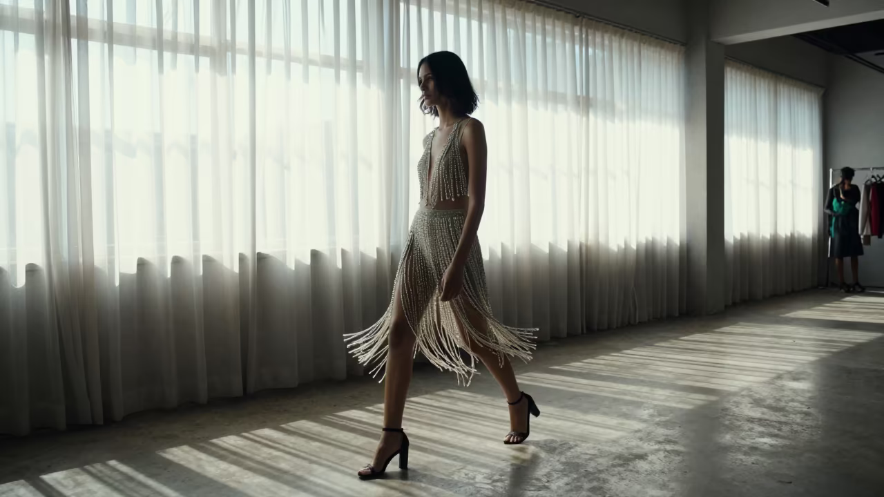 Beaded Fringe Moves on Nairobi Runway in under runway rehearsal lights in Nairobi