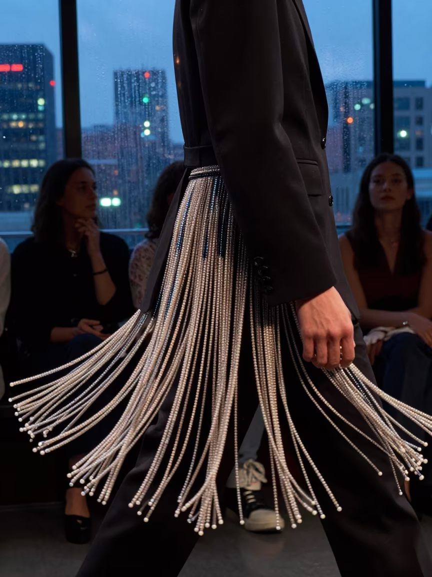 Beaded Fringe Glows Under Neon Rehearsal Lights in under runway rehearsal lights near Totonicapán