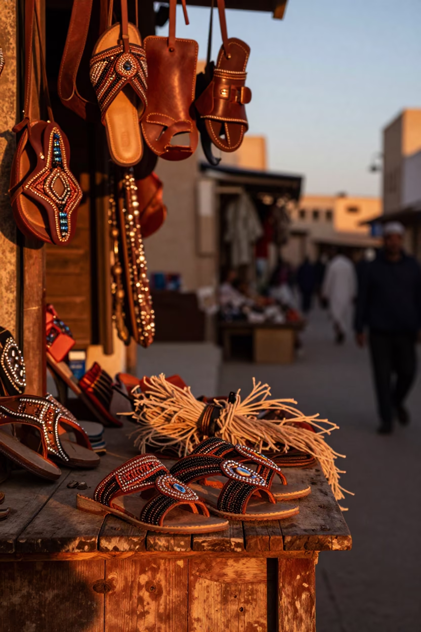 Beaded Sandals in Essaouira at Copper-toned Light Before Dusk in in Essaouira, Morocco