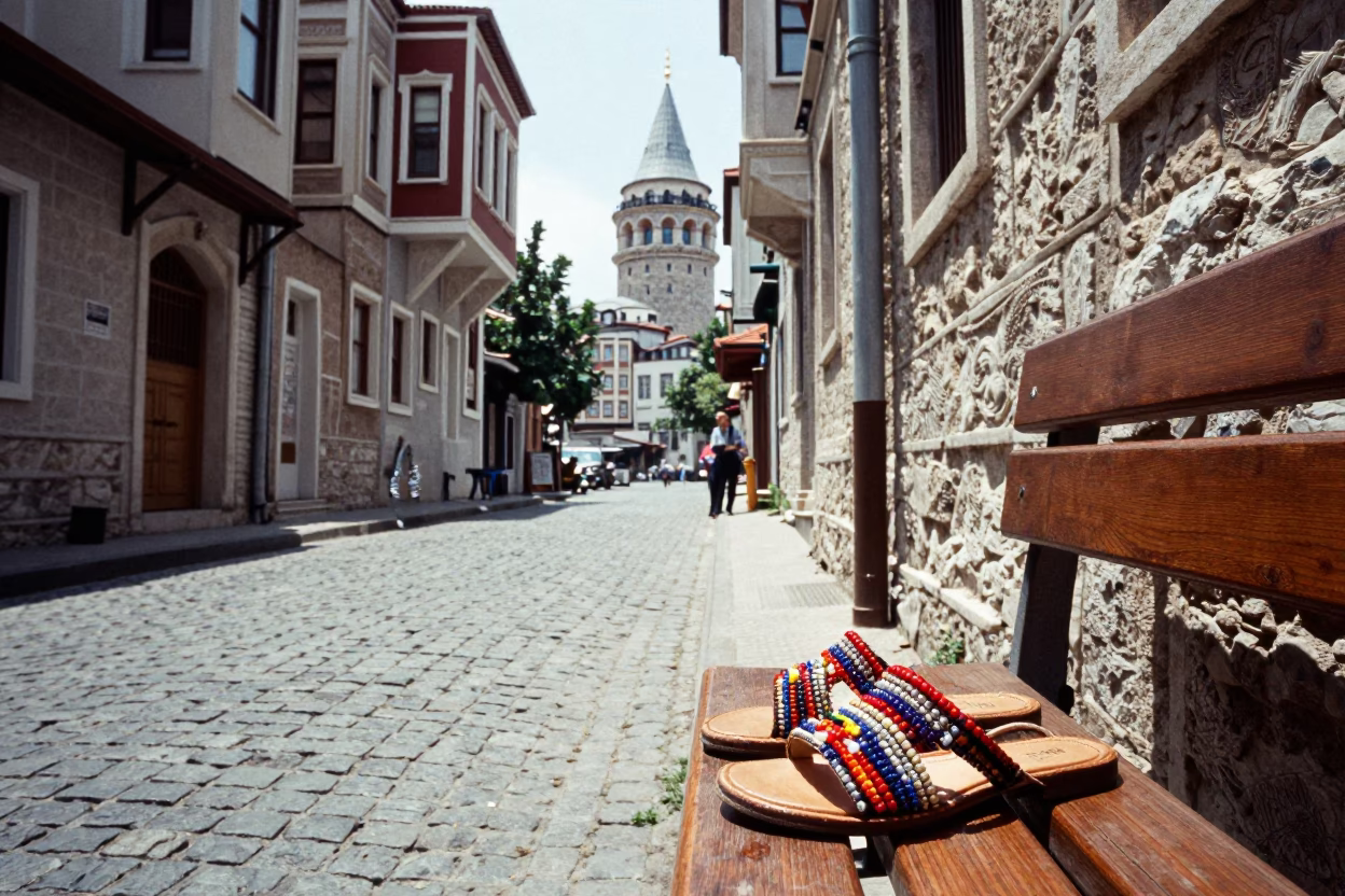 Beaded sandals on cobblestones near Galata Tower Istanbul midday street scene in in Istanbul, Turkey