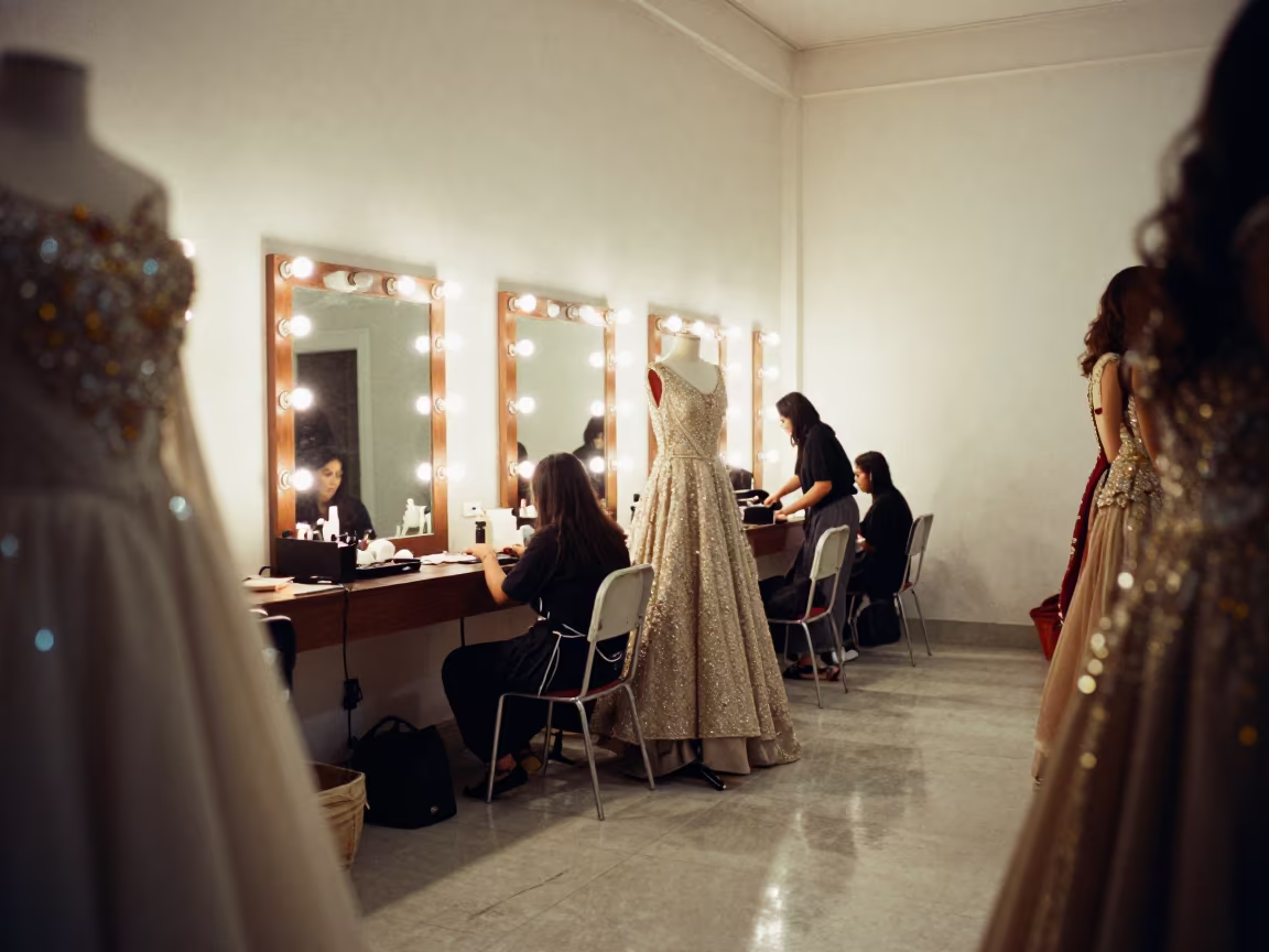 Beading Tray Glittering Backstage at Dawn in beside a mirror lined with makeup bulbs in Sargodha
