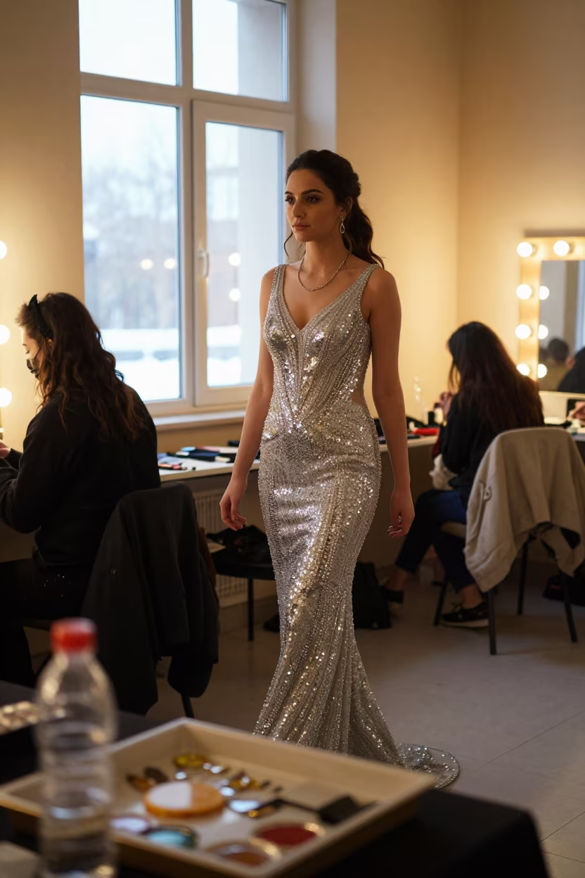 Beading Tray Glittering Under Backstage Light in beside a mirror lined with makeup bulbs in Najaf