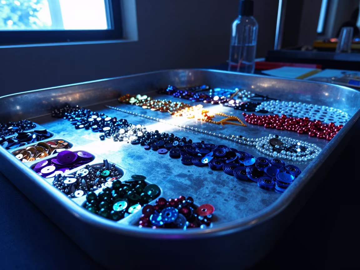 Beading Tray Glitters Under Backstage Neon in under runway rehearsal lights near Yogyakarta