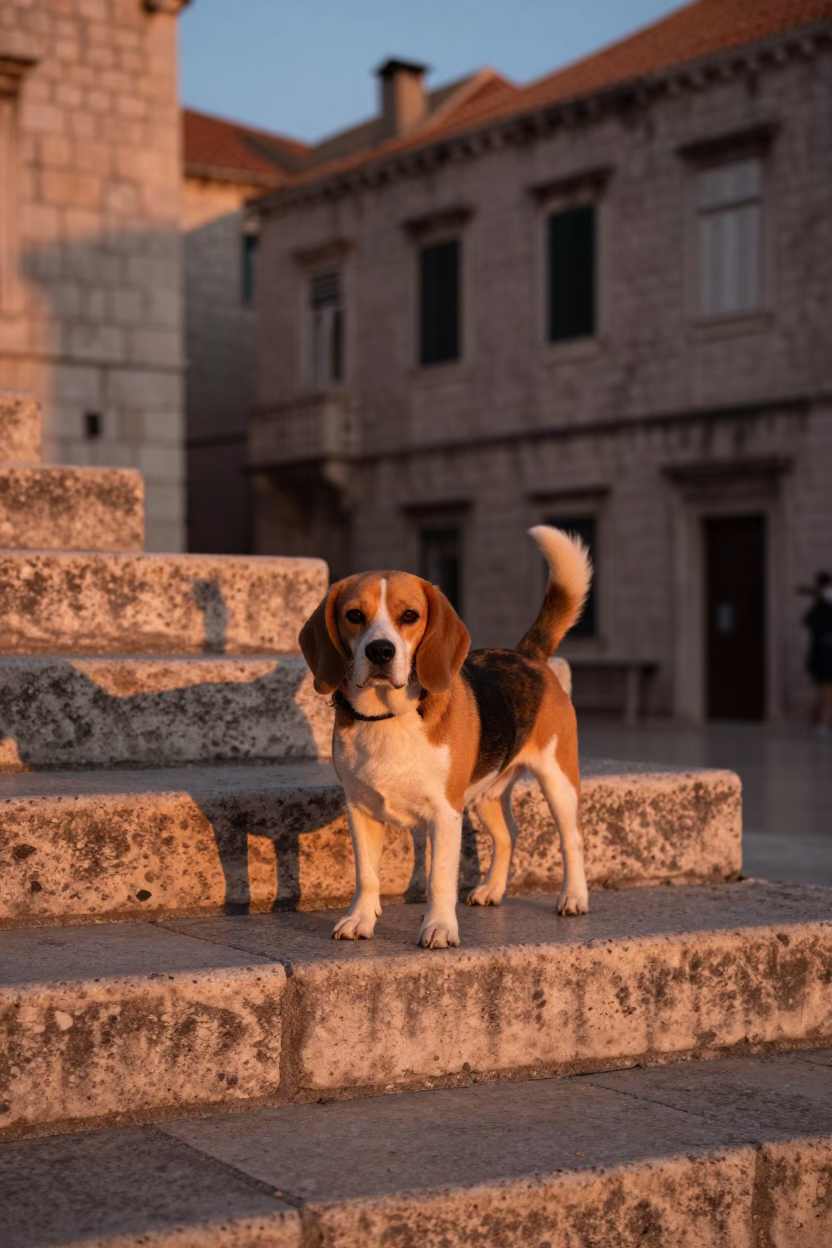 Beagle dog on stone steps in Dubrovnik Croatia copper light before dusk in in Dubrovnik, Croatia