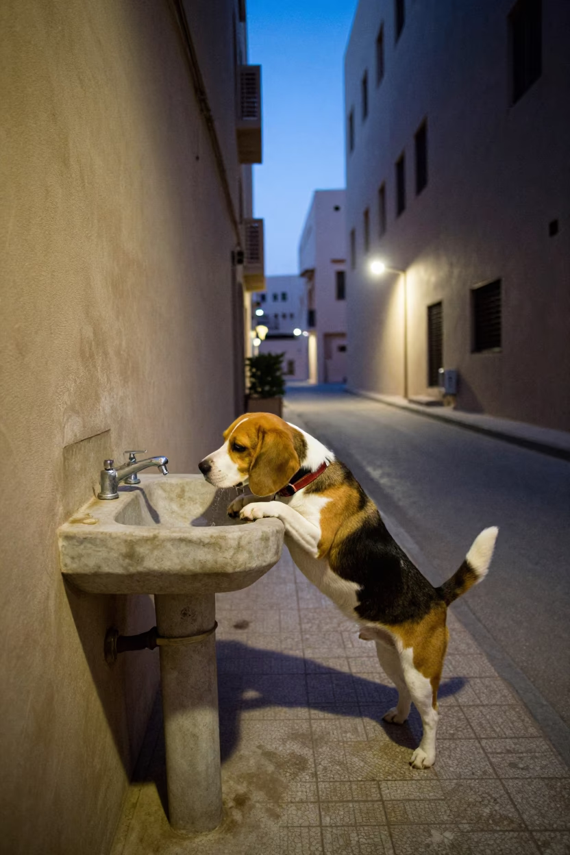 Beagle Drinking in Muscat in in Muscat, Oman