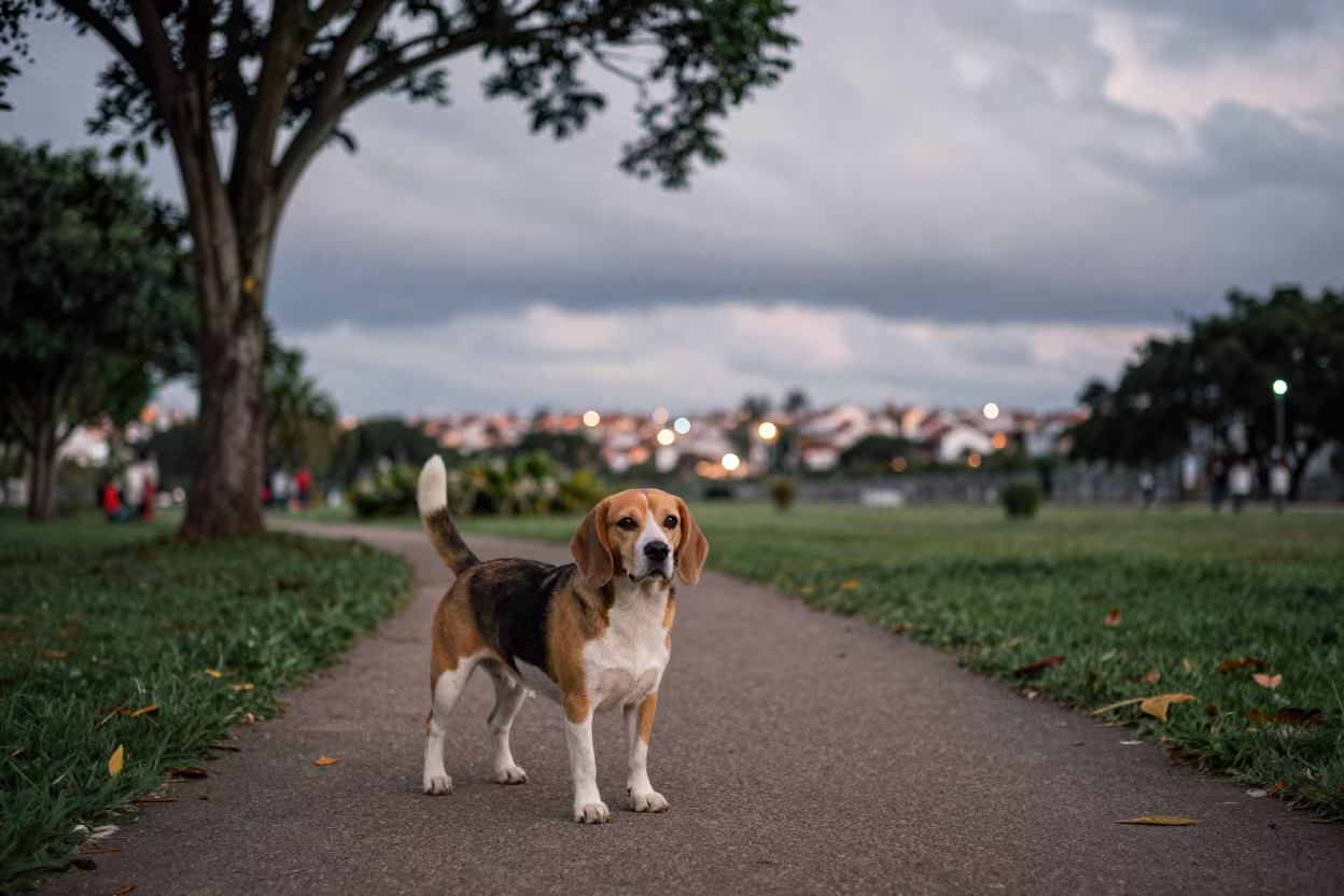 Beagle in Evening Shade Along Santos Park Path in along a quiet park path with soft open shade and a clean background in Santos