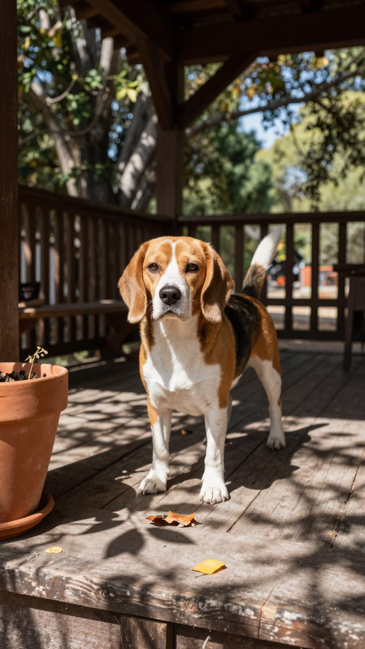 Beagle on Cuauhtémoc Porch in Late Autumn in on a shaded front porch with boards, railings, and eye-level framing near Cuauhtémoc