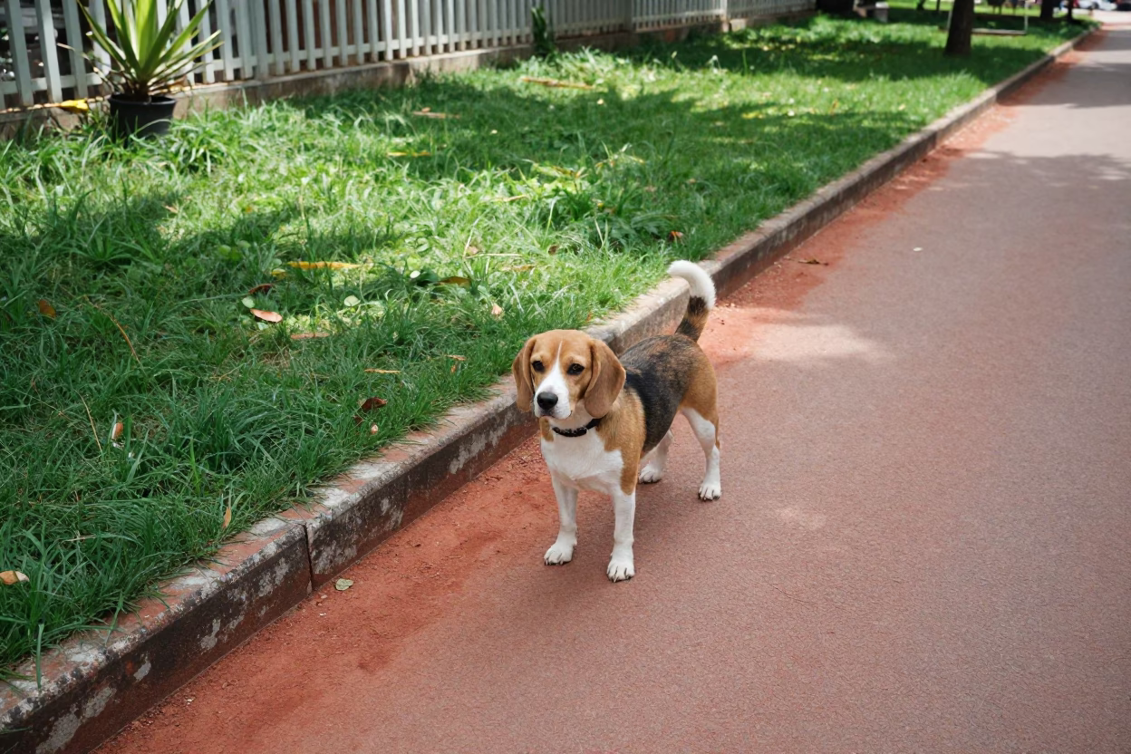 Beagle on Quiet Park Path in El Paso Yard in in a small yard with clipped grass, calm light, and the animal centered in frame in El Paso