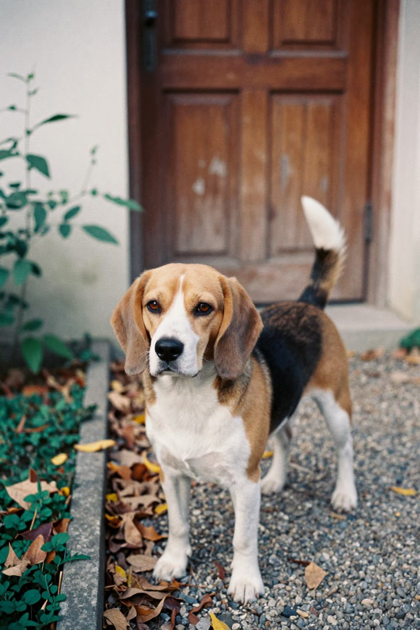 Beagle on Tezpur Path in Early Autumn Morning Light in near a garden edge with soft morning light and an uncluttered background near Tezpur