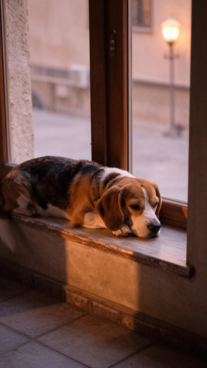 Beagle on Window Seat in Şanlıurfa Evening Light in on a window seat in a quiet apartment with soft side light in Şanlıurfa