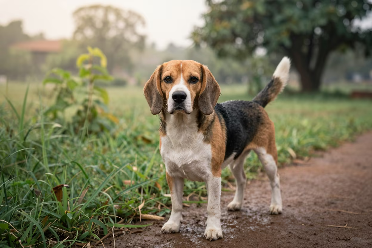 Beagle Portrait at Garden Edge in Mbuji-Mayi in near a garden edge with soft morning light and an uncluttered background in Mbuji-Mayi