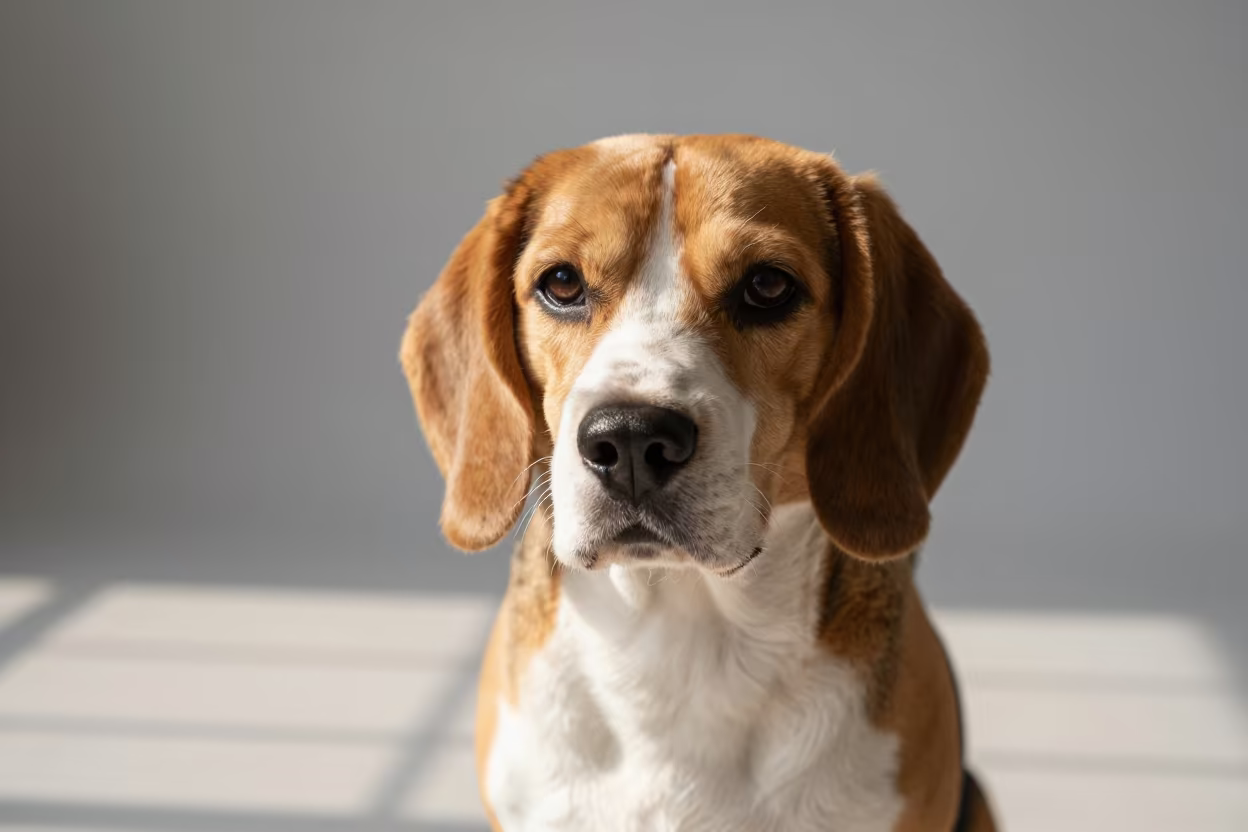 Beagle Portrait in District 1 Studio in in a quiet portrait studio with a plain backdrop and eye-level framing near District 1, Ho Chi Minh City