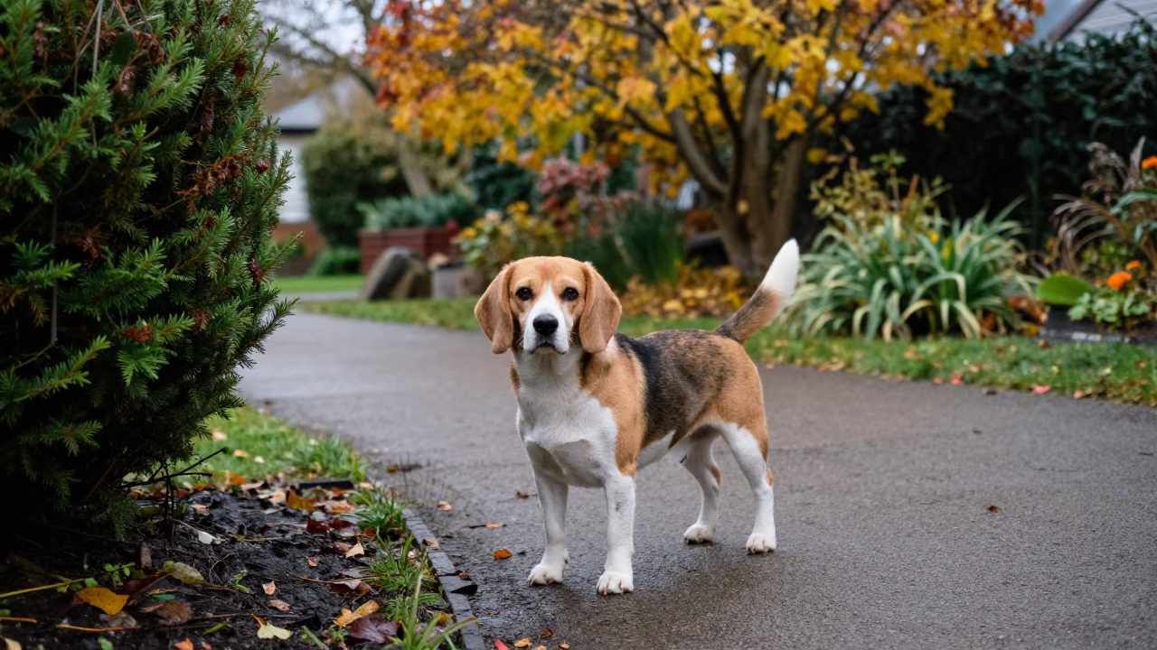 Beagle Portrait Near Christchurch Garden Edge in near a garden edge with soft morning light and an uncluttered background near Christchurch