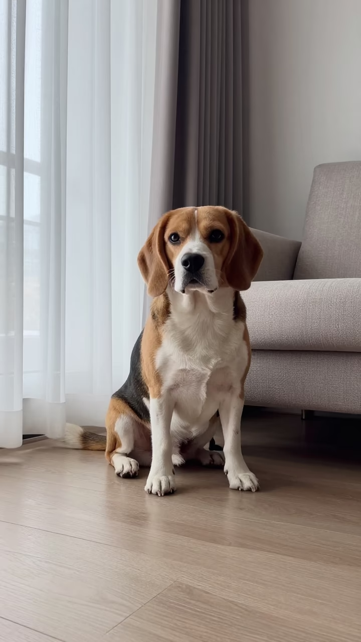 Beagle Portrait Near Window in Zhengzhou Living Room in on a sofa near a curtained window with calm indoor light in Zhengzhou