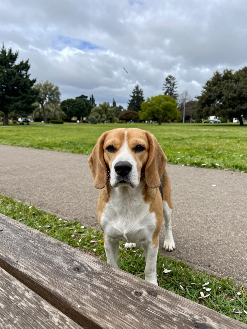 Beagle Portrait on Quiet Park Path Near Comodoro Rivadavia in along a quiet park path with soft open shade and a clean background near Comodoro Rivadavia