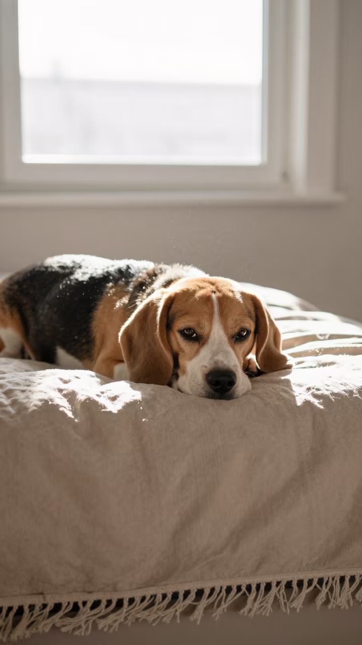 Beagle Resting on Bedspread Near Window in on a bedspread near a bright window with calm indoor light in Karaganda