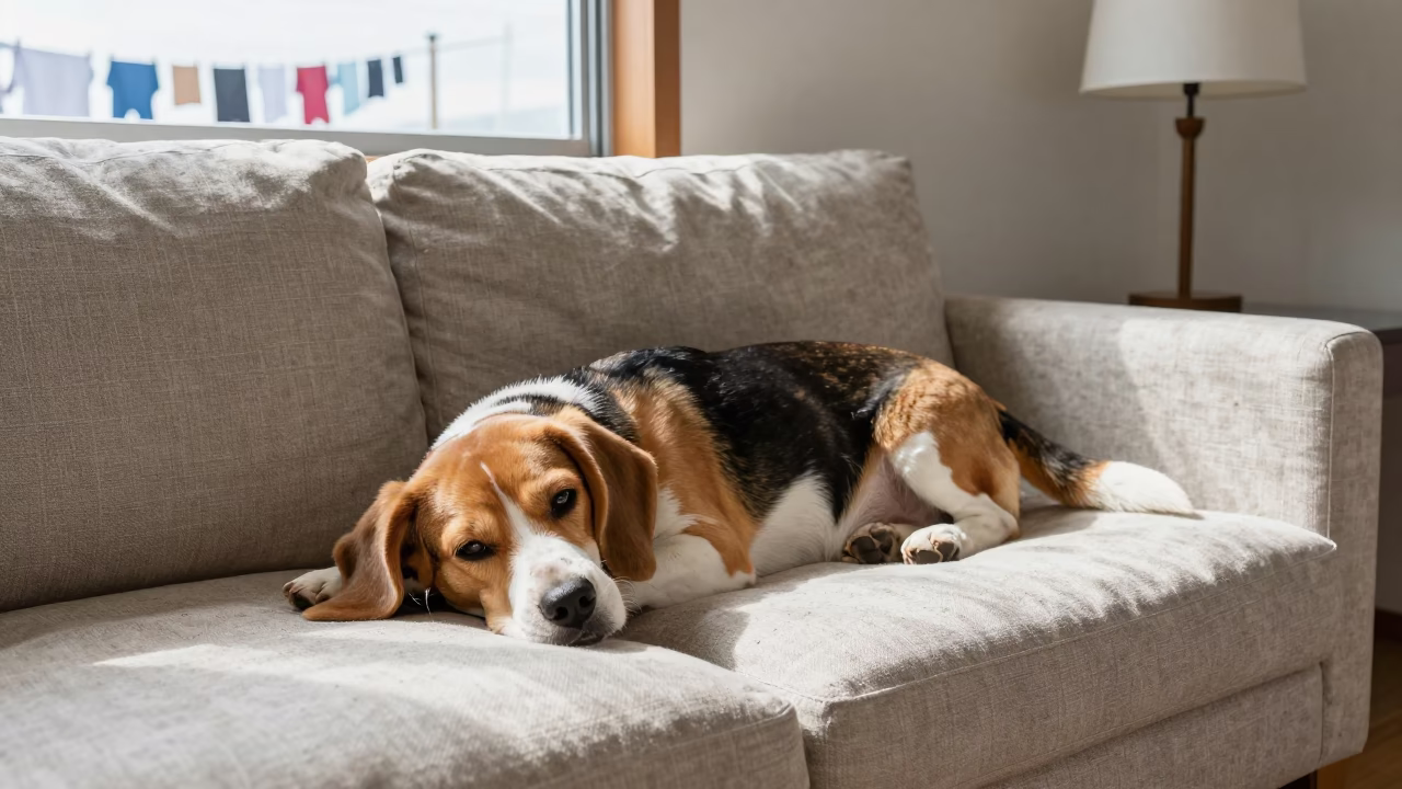 Beagle Resting on Linen Sofa Near Yokohama Window in on a linen sofa with daylight from a nearby window near Yokohama