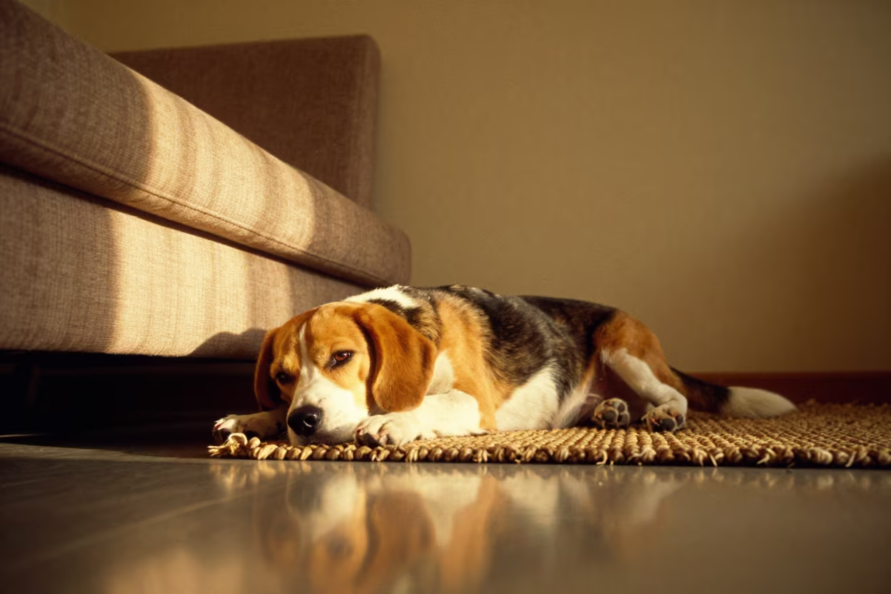 Beagle Resting on Rug in Chelyabinsk Evening Light in on a woven rug beside a low couch and an uncluttered wall in Chelyabinsk