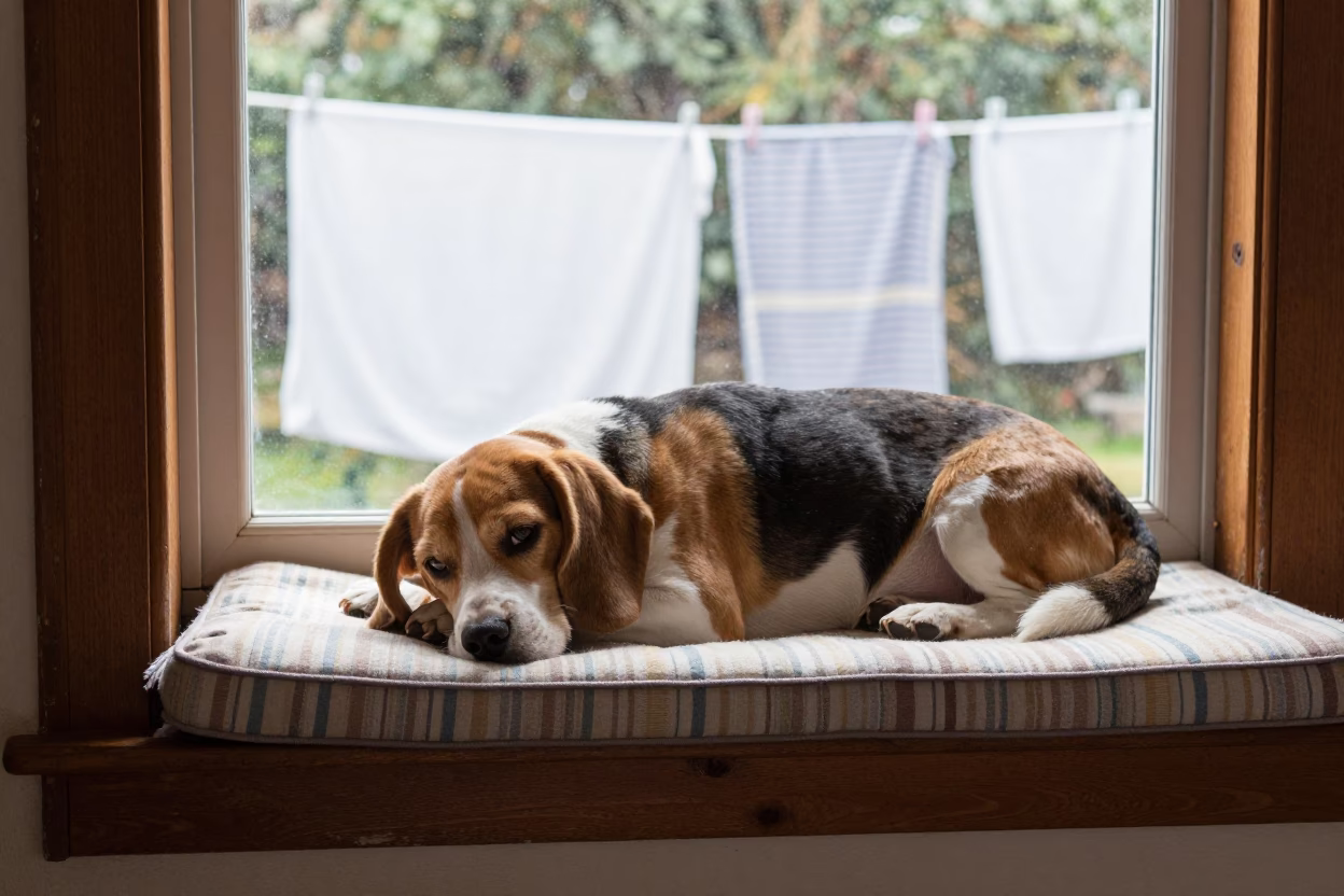 Beagle Resting on Window Seat in Tacna Apartment in on a window seat in a quiet apartment with soft side light in Tacna